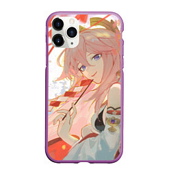 Чехол iPhone 11 Pro матовый Genshin Impact Яэ Miko smile kitsune, цвет: 3D-фиолетовый