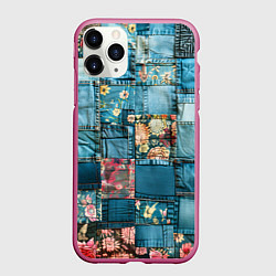 Чехол iPhone 11 Pro матовый Джинсовые лоскуты с цветочками, цвет: 3D-малиновый