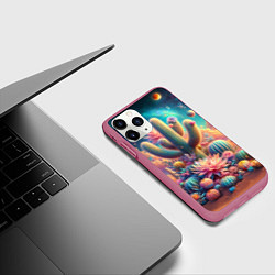 Чехол iPhone 11 Pro матовый Кактусы цветущие под космическим небом, цвет: 3D-малиновый — фото 2