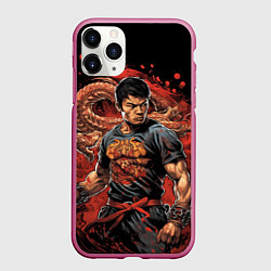 Чехол iPhone 11 Pro матовый Муай-Тай боец с драконом, цвет: 3D-малиновый