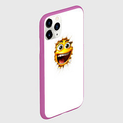 Чехол iPhone 11 Pro матовый Желтый смайлик в разбитой стене из дырки, цвет: 3D-фиолетовый — фото 2