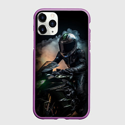 Чехол iPhone 11 Pro матовый Мотоциклист на мотоцикле, цвет: 3D-фиолетовый