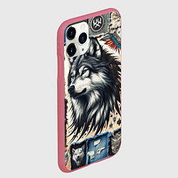 Чехол iPhone 11 Pro матовый Волк на дениме Пэчворк, цвет: 3D-малиновый — фото 2