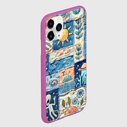 Чехол iPhone 11 Pro матовый Инопланетные обитатели на пэчворке, цвет: 3D-фиолетовый — фото 2