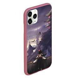 Чехол iPhone 11 Pro матовый Touhou Project Aya Шамеймару город на фоне, цвет: 3D-малиновый — фото 2