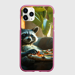 Чехол iPhone 11 Pro матовый Енот ест пиццу на диване, цвет: 3D-малиновый