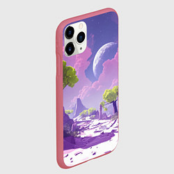 Чехол iPhone 11 Pro матовый Фиолетовые горы зеленые деревья и космос, цвет: 3D-малиновый — фото 2