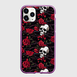 Чехол iPhone 11 Pro матовый Черепа с алыми розами, цвет: 3D-фиолетовый