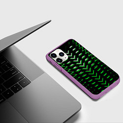Чехол iPhone 11 Pro матовый Зелёно-белые полосы на чёрном фоне, цвет: 3D-фиолетовый — фото 2
