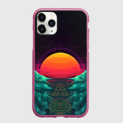 Чехол iPhone 11 Pro матовый Пиксельный ретро закат, цвет: 3D-малиновый