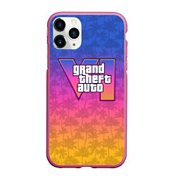 Чехол iPhone 11 Pro матовый GTA 6 - пальмы и логотип, цвет: 3D-малиновый