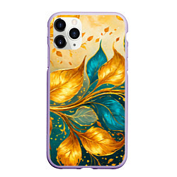 Чехол iPhone 11 Pro матовый Листья абстрактные золото и бирюза