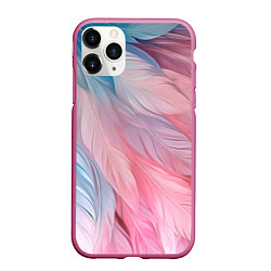 Чехол iPhone 11 Pro матовый Пастельно-голубые и розовые перья, цвет: 3D-малиновый