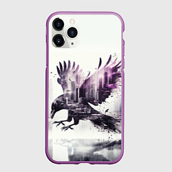 Чехол iPhone 11 Pro матовый Черный ворон и город, цвет: 3D-фиолетовый