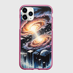 Чехол iPhone 11 Pro матовый Слияние двух галактик - неоновое свечение, цвет: 3D-малиновый