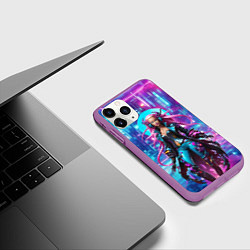 Чехол iPhone 11 Pro матовый Кибер ведьма в неоновом городе - нейросеть, цвет: 3D-фиолетовый — фото 2