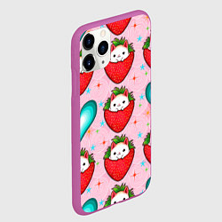 Чехол iPhone 11 Pro матовый Котик клубничка и сердца узор, цвет: 3D-фиолетовый — фото 2