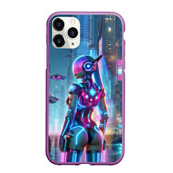 Чехол iPhone 11 Pro матовый Cyberpunk girl - neon glow ai art