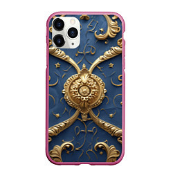 Чехол iPhone 11 Pro матовый Золотые узоры на синей ткани