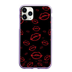 Чехол iPhone 11 Pro матовый Паттерн красные губы на черном - lips red, цвет: 3D-светло-сиреневый