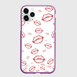 Чехол iPhone 11 Pro матовый Паттерн красные губы на белом - lips classic, цвет: 3D-фиолетовый
