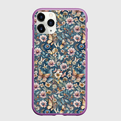 Чехол iPhone 11 Pro матовый Летний узор с цветами и бабочками, цвет: 3D-фиолетовый