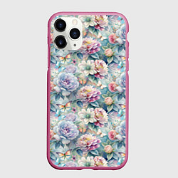 Чехол iPhone 11 Pro матовый Цветы и бабочки летний паттерн, цвет: 3D-малиновый