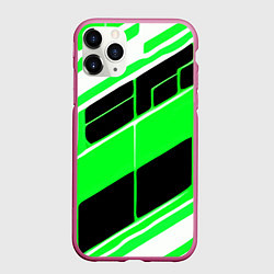 Чехол iPhone 11 Pro матовый Зелёно-белые полосы и чёрный фон, цвет: 3D-малиновый