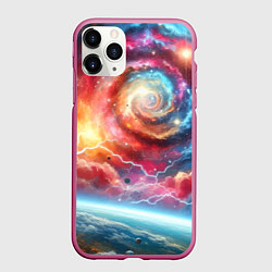 Чехол iPhone 11 Pro матовый Полёт к далёкой галактике - неоновый космос, цвет: 3D-малиновый