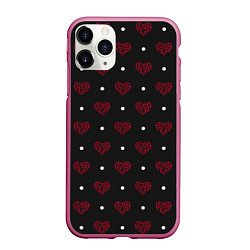 Чехол iPhone 11 Pro матовый Красные сердечки и белые точки на черном