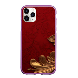 Чехол iPhone 11 Pro матовый Объемный золотой лист на красном текстурном фоне