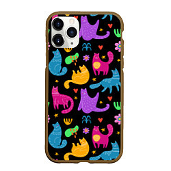 Чехол iPhone 11 Pro матовый Паттерн разноцветных котиков, цвет: 3D-коричневый