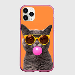 Чехол iPhone 11 Pro матовый Кот в очках с жвачкой, цвет: 3D-малиновый