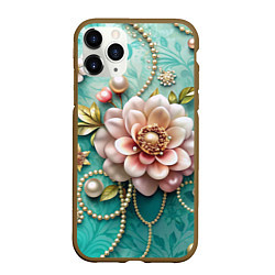 Чехол iPhone 11 Pro матовый Объемные цветы и жемчуг, цвет: 3D-коричневый