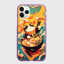Чехол iPhone 11 Pro матовый The cat eats ramen, цвет: 3D-фиолетовый
