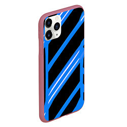 Чехол iPhone 11 Pro матовый Black and white stripes on a blue background, цвет: 3D-малиновый — фото 2