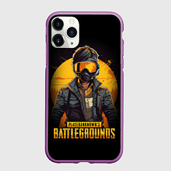 Чехол iPhone 11 Pro матовый PUBG игрок на закате черный фон, цвет: 3D-фиолетовый