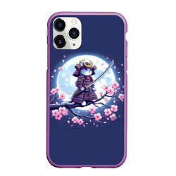 Чехол iPhone 11 Pro матовый Котёнок самурай - цветущая сакура, цвет: 3D-фиолетовый