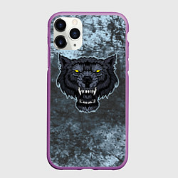 Чехол iPhone 11 Pro матовый Темно-синий злой волк на абстрактном фоне, цвет: 3D-фиолетовый