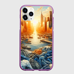 Чехол iPhone 11 Pro матовый Нью-Йорк с джинсовыми берегами - нейросеть, цвет: 3D-фиолетовый
