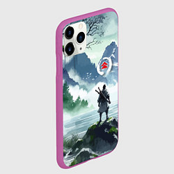 Чехол iPhone 11 Pro матовый Самурай на берегу горного озера - нейросеть, цвет: 3D-фиолетовый — фото 2