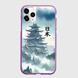Чехол iPhone 11 Pro матовый Японская пагода в тумане - нейросеть, цвет: 3D-фиолетовый