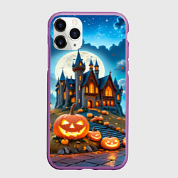 Чехол iPhone 11 Pro матовый Ночь Хэллоуина тыквы и замок, цвет: 3D-фиолетовый