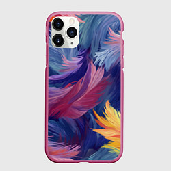 Чехол iPhone 11 Pro матовый Радужные перья, цвет: 3D-малиновый