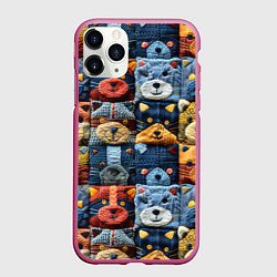 Чехол iPhone 11 Pro матовый Вязанные еноты на пэчворк, цвет: 3D-малиновый