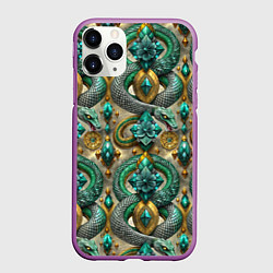 Чехол iPhone 11 Pro матовый Паттерн зеленые темные змеи, цвет: 3D-фиолетовый