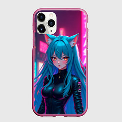 Чехол iPhone 11 Pro матовый Девушка-кошка в стиле киберпанк, цвет: 3D-малиновый