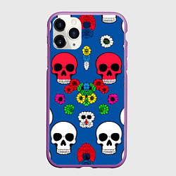 Чехол iPhone 11 Pro матовый Паттерн из цветных черепков муэрто - нейроарт, цвет: 3D-фиолетовый