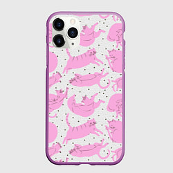 Чехол iPhone 11 Pro матовый Пухлые спящие розовые котики на фоне в горошек, цвет: 3D-фиолетовый