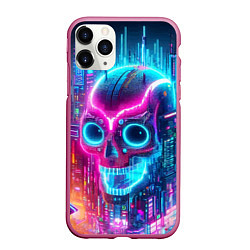 Чехол iPhone 11 Pro матовый Neon skull in metropolis - future, цвет: 3D-малиновый